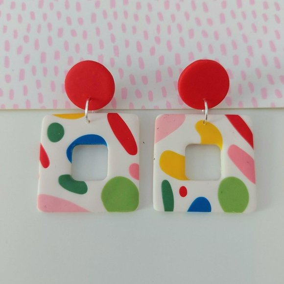 Jewelry - Abstract Square Stud Earrings Colourful